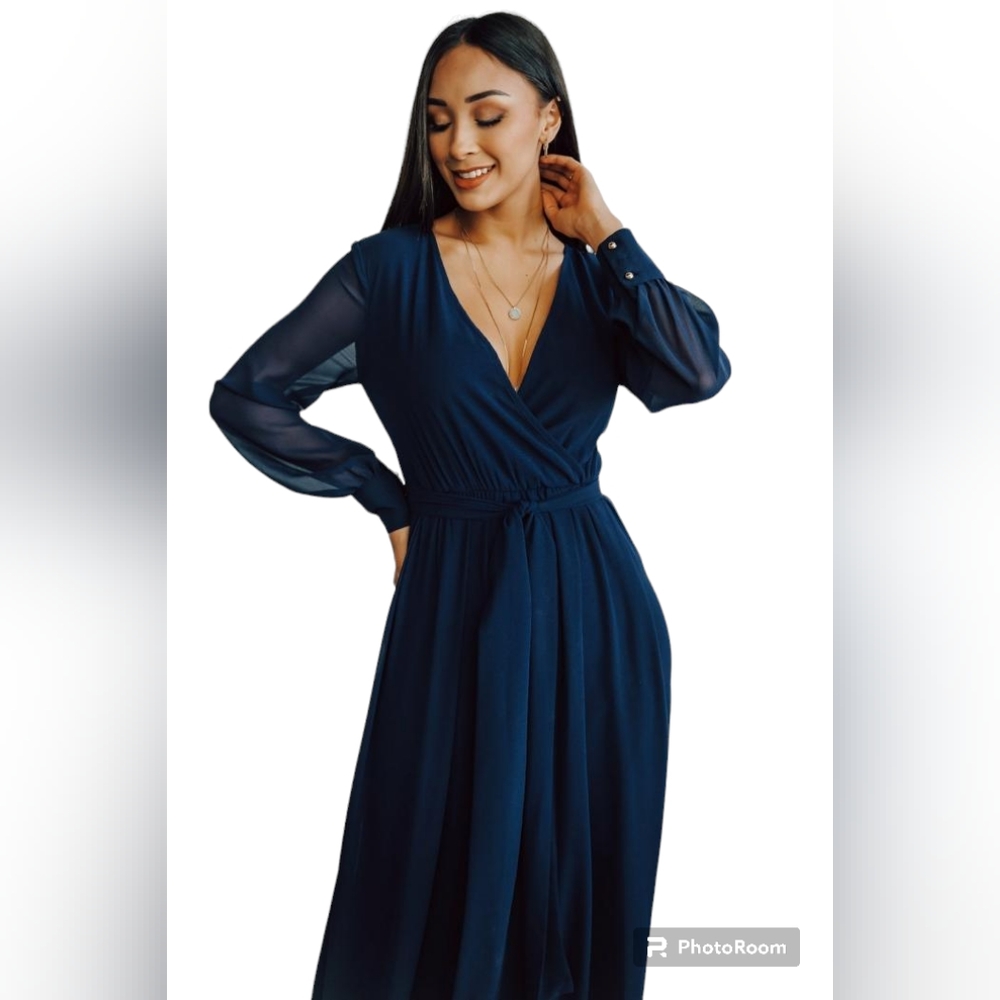 NWT Baltic Born Lydia Navy Blue Long Sheer Sleeve with Gold Buttons Maxi Dress L